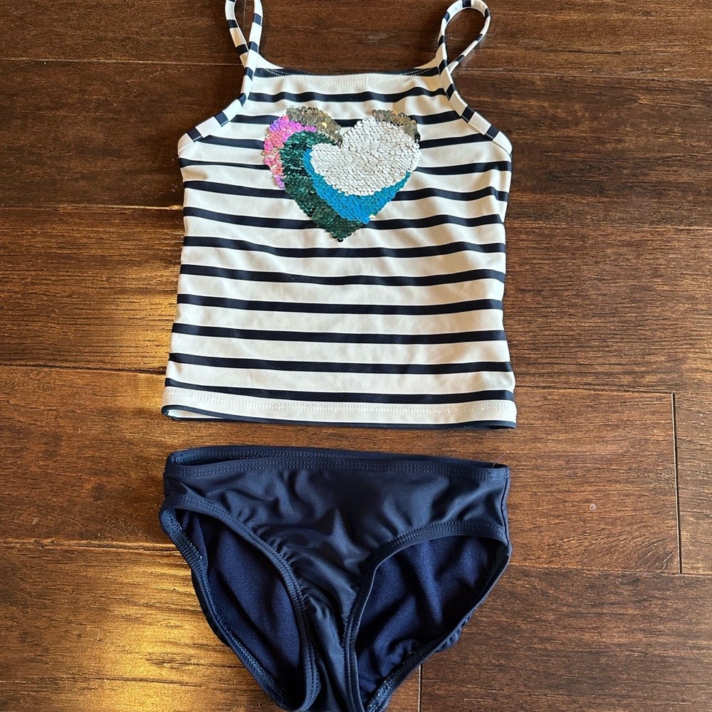 GAP Kids Navy/White Striped Tank Top and Bottom Set with Sequin Heart, Sz XS